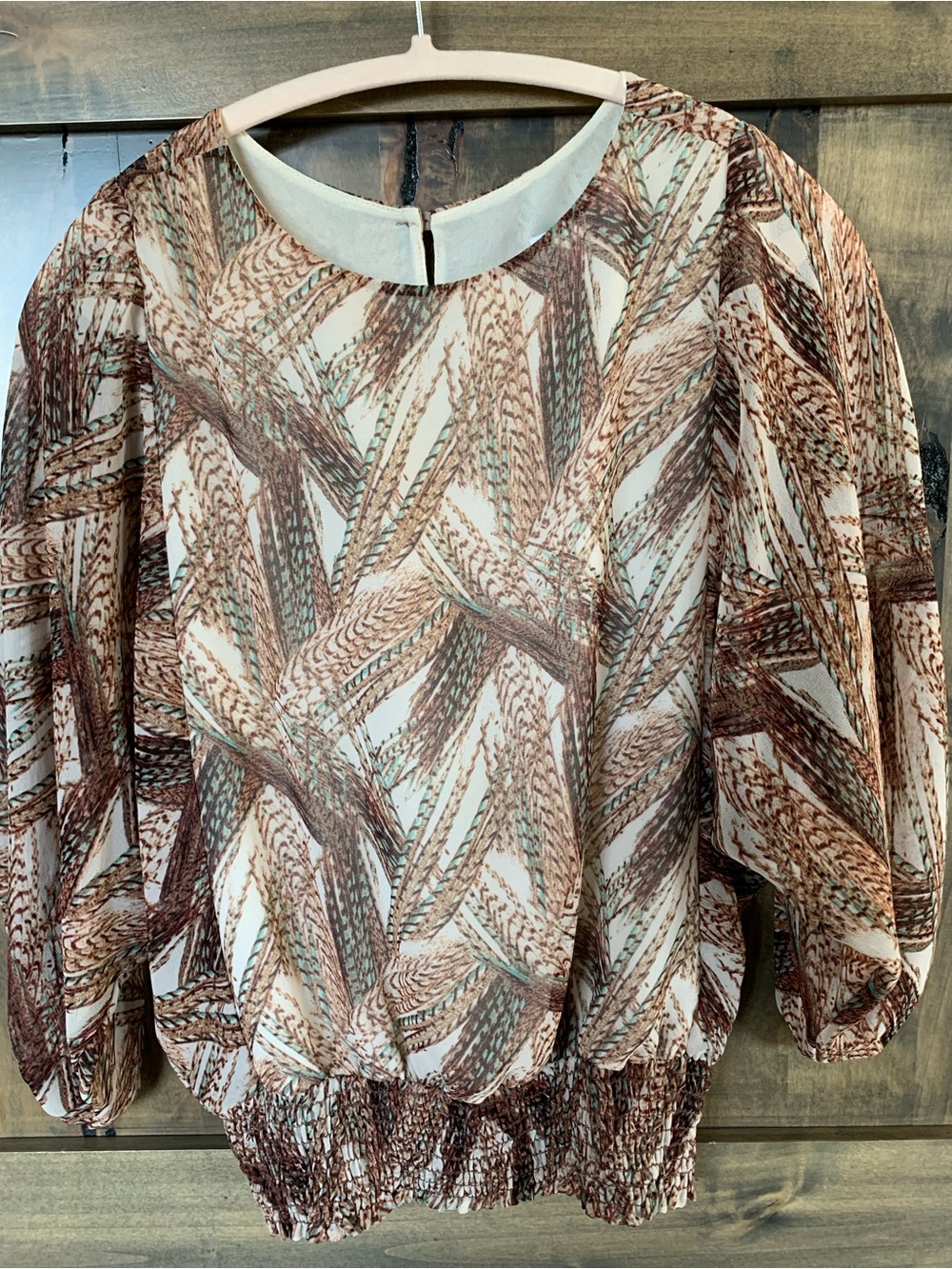 Women's Brown Patterned Blouse with Smocked Hem Size XS